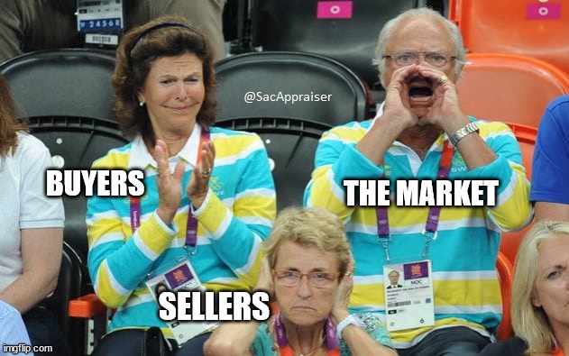 A meme to show a man at a game shouting (the market), a woman with her hands cupped over her ears (vendors), and a woman cheering (buyers).