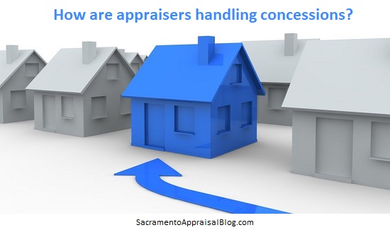 A 3D sketch of houses.  All the houses are gray except for one blue house.  The font on the image is the same blue which reads: "How do appraisers deal with concessions?"