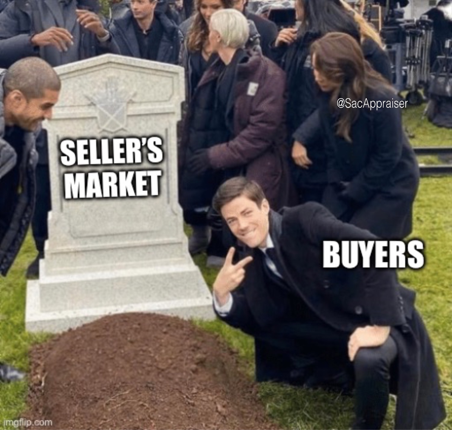 A meme featuring an actor leaning towards a grave and showing a peace sign (this is the actor from The Flash show).  The tombstone says "seller market" and it says "buyer" from the actor.